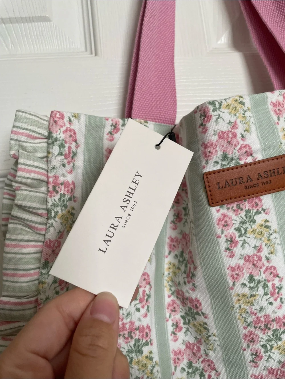 NWT Laura Ashley Mayhill Green Pink Floral w Sage Stripes Canvas Ruffle Tote Bag